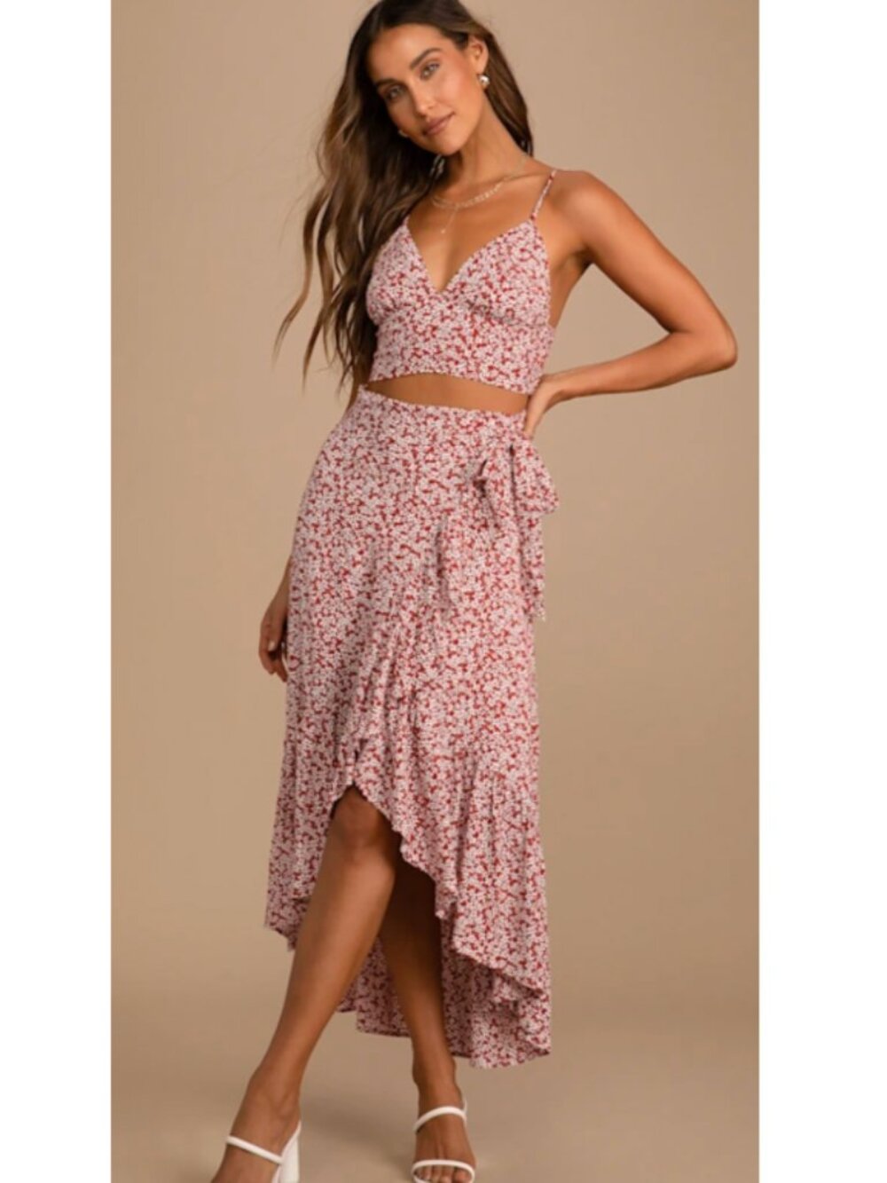 Lulus Summer Romance Rust Brown Floral Print Two-Piece Midi Dress